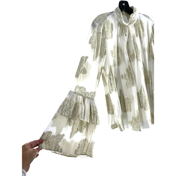 MISS SELFRIDGE SHEER RUFFLE BLOUSE WITH GOLD FLORAL EMBELLISHMENT - Picture 2 of 9